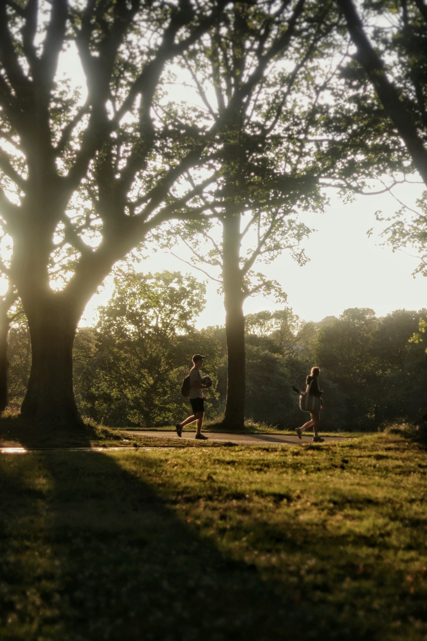 Two people moving forward together through a sunlit park